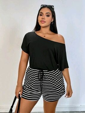 Black One-Shoulder Top with Black & White Striped Shorts Set Size 16 18 & 20